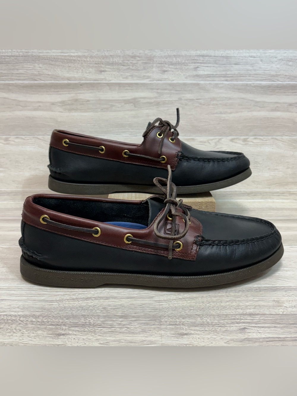 Sperry Men’s Top Sider Black and Brown Leather Boat Shoes Size 10W